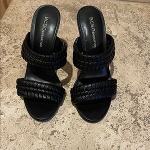 BCBGeneration Black Braided Double-Strap Slide Mules
